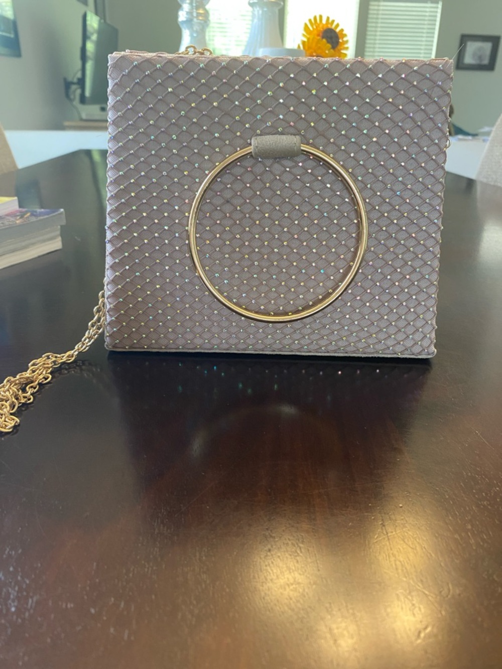 Sparkling Taupe Box Clutch with Gold Ring